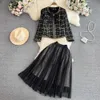 Two Piece Dress Autumn Winter Office Elegant Two Piece Set Women Beading Bowknot Plaid Wool Tweed Jacket Coat Mesh Pleated Midi Skirt Suit 2024