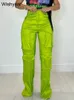Jeans femininos casual cintura alta botão voar calças retas night club outfits para mulheres streetwear seda cetim multi bolsos calças de carga 231208