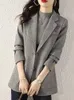 Womens Suits Blazers Zoki Harajuku Grey Tweed Blazer Women Retro Elegant Long Sleeve Office Lady Suit Coat Casual Fall Simple Buttons Design Jacket 231208