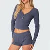 Women's Tracksuits Solid Color Ribbed V-Neck Long Sleeve Crop Tops T-shirt And Shorts Sleepwear Outfits Women Pajamas Set 2 Pieces