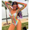 Sommer Regenbogen Hohl Mesh Fishnet Body Frauen Sexy Bodycon Overall Erotische Durchsichtig Dessous Kostüm Strand Kleidung