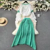 Robe de deux pièces 2024 Automne Hiver Sweet Pull Jupe Costume Femmes Col V Longue Lanterne Manches Tricoté Pull Mignon Et À Lacets Jupe Verte Tenues