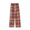 Women's Jean Wide Leg Harajuku 2023 Autumn Drawstring Red Checked Trousers Y2k Streetwear Classic Pants Warm Winter Vintage Plaid 231208