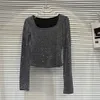 女性用ブラウス秋のカジュアルダイヤモンド明るい長袖の女性のTシャツ不規則な丸い首シンプルデザイン女性トップ新しいスリムブラックTシャツ231209