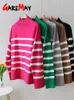 Women's Knits Tees Turtleneck Women's Striped Sweater Black and White Thick Warm Winter Jumper Female Vintage Gray Green Knitted Sweaters for Women 231208