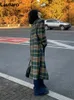 Damen Wollmischungen Lautaro Herbst Winter Langer übergroßer karierter Trenchcoat für Frauen Zweireihiger lockerer lässiger grüner Tweedmantel Koreanische Mode 231208