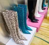 2023 New Paris Texas Boots Trade Show Motif serpent Fermeture à glissière arrière BOUT pointu Talon haut Talon fin Longueur au genou Grandes bottes Bottes pour femmes