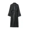 Women's Leather 2024 Black Faux Loose Double Breasted Trench Belted Streetwear Long Coat Winter Overcoat