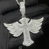 Men Women Fashion Necklace Gold Plated Full CZ Iced Out Wings Cross Pendant Necklace with 3mm 24inch Rope Chain Jewelry