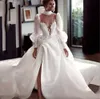 Simples princesa vestidos de casamento longos vestidos de noiva uma linha ilusão alta pescoço puff mangas completas lado split branco marfim renda vestido de noiva 2023 robe de mariee