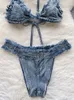 Bras sets Singreiny Beach Sensual Denim Femmes Halter Straps Camis Raw Edge Mini Brief