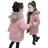 Down Coat Girls Winter Thicked Cotton Jacket Child Söt i mitten av mitten av utländsk stil barnrockar skarvade huva ytterkläder park