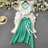 Robe de deux pièces 2024 Automne Hiver Sweet Swirt Suit Femme V Cou Nou Longue Lanterne Pilluche mignon Tricoted et Lacet Up Green Kirt Outfits