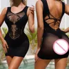 2023 New Women Mesh Hollow Out See Through Beach Erotic Fish Net Transparent Lingerie Costume Ladies Mini Bodycon Dress sexy