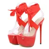 Kleiderschuhe Liyke sexy rote Oberschenkel High Schnür-Plattform Sandalen Frauen 16,5 cm Transparente Schuhe Stiletto Peep Zehen Nachtclub Stripper Heels 231208