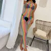 Vrouwen regenboog visnet bodystocking sexy mesh uitgehold doorzien bodysuit erotisch transparant kostuum nachthemd