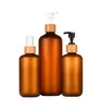 120ml 250ml 500ml Frosted Amber Brown Plastic PET Bottle Bamboo Cap Black White Lotion Pump Shampoo Packaging Containers 10pcs Sto3647059