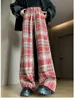 Women's Jean Wide Leg Harajuku 2023 Autumn Drawstring Red Checked Trousers Y2k Streetwear Classic Pants Warm Winter Vintage Plaid 231208