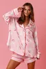 2-teiliges Christams-Pyjama-Set für Damen, süßes Blumenmuster, lange Ärmel, Hemd mit Knöpfen, elastische Shorts, Loungewear, weiche Harajuku-Nachtwäsche 231208