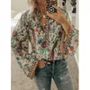 Kvinnors blusar Retro Bird Flower Printed Shirt Women's V-Neck-knapp upp långärmad topp hösten chic skjorta överdimensionerade 5xl 231209