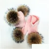 Beanies New Childrens Double Hair Ball Woolen Hat Scarf Set Men And Women Thickened Raccoon Fur Knitted Ear Cap Drop Delivery Sports O Dhamd