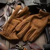 Mittens Men's Frosted Genuine Leather Gloves Men Motorcycle Riding Full Finger Winter Gloves With Fur Vintage Brown Cowhide L266D