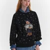 Moletom com capuz feminino 2023 outono/inverno novo desenho animado feminino bordado estampa completa flor pequena suéter gola redonda