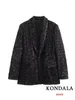 Damenanzüge KONDALA Vintage Chic Damen Blazer Schwarz Solide Pailletten V-Ausschnitt Langarm Taschen Glänzend Mode 2024 Abend Club Blazer