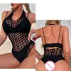 Vrouwen visnet bodysuits sexy mesh uitgehold doorzichtige jumpsuit kostuum erotische transparante string ondergoed partywear