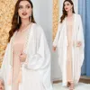 Etnische Kleding Wit 2023 Polyester Moslim Sets Zomer Mode Vrouwen Lange Mouw V-hals Abaya Met Binnenjurken Jurk