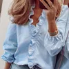Bluzki damskie elegancka biała plisowana koszula na jesień kobiet i wiosenne kwiecistą top w dniu w dniu w dniu w biurze damskie splot na zwykłym splocie plus size niebieski 231209