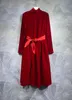 2024 Spring Pure Color Belted Dress Red Long Sleeve Stand Collar Kne-Length Casual Dresses T3N241208