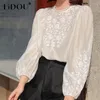 Women's Blouses Spring Summer Elegant Fashion Embroidered Blouse Women Clothing Vintage Chic Pearl Button Tops Puff Sleeve Loose Casual