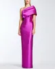 Elegant Long Fuchsia Satin Evening Dresses With Slit Sheath Pleated One Shoulder Prom Dress Muslim Floor Length Party Dresses for Women