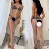 Vrouwen regenboog visnet bodystocking sexy mesh uitgehold doorzien bodysuit erotisch transparant kostuum nachthemd