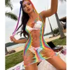 Filet de pêche arc-en-ciel Sexy, Mini robe moulante pour femmes, maille érotique ajourée, vêtements de plage transparents