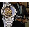 Zwycięzca na rękę Transparent Fashion Diamond Luminous Gear Runk Royal Design Men Mężczyznę Luksusowy męski mechaniczny szkielet zegarek 231208