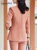 Kvinnors tvåbitar byxor Yitimuceng Solid Set -outifits 2023 Office Ladies Elegant Long Sleeve Single Button Casual Loose Pant Suits 231208