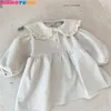 Abiti da bambina Abito da bambina Primavera Autunno Edizione coreana Solido risvolto in pizzo Manica lunga Bambini Retro Casual Allentato 231208