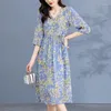 Casual Dresses 2023 Summer Vintage For Women Elegant V-neck Three Quarter Sleeve Floral Print Real Silk Women's Long Dress A-line