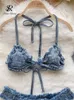 Bras Sets SINGREINY Beach Sensual Denim Women Halter Straps Camis Raw Edge Mini Briefs Underwear Fashion Lingerie Retro Erotic Suits 231208