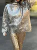 Moda Argento Collo Alto Maglia da Donna Maglione Casual Polsino Allentato con Maniche Pullover Top 2023 Autunno Femminile Elegante Streetwear 231220