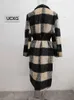 Женское шерстяное пальто UCXQ, винтажное черно-белое шерстяное пальто в полоску в клетку, осень-зима, утолщенное женское пальто с надрезом и золотым поясом на пуговицах 231208