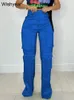 Jeans femininos casual cintura alta botão voar calças retas night club outfits para mulheres streetwear seda cetim multi bolsos calças de carga 231208