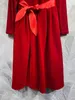 2024 Spring Pure Color Belted Dress Red Long Sleeve Stand Collar Kne-Length Casual Dresses T3N241208