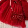 Girls Dresses Christmas Red Baby Girl Dress Long Sleeved Plush Gold Velvet Sequin Bow Tie Mesh Party Princess 231208