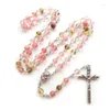 Hänge halsband qigo katolsk radband lång rosa sten kors halsband för kvinnor religiösa smycken