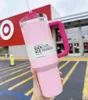 미국 스톡 핑크 플라밍고 텀블러 퀀처 H2.0 1 : 1 로고 40oz 스테인리스 스틸 컵 핸들 뚜껑과 밀짚 2 세대 자동차 머그잔 물병 gg1209.