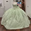 Sage Green Shiny Ball Abito da ballo Quinceanera Abiti Appliques Laccio perline per perline da spalla Sweet 16 Dress Vestitido De 15 Anos Lace-Up