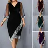 Casual Dresses Women 2023 V Neck Mesh 3/4 ärmar Lace Elegant BodyCon Vestidos Midi PESKIN Formell fest Kvällsklänning Solid lång kjol